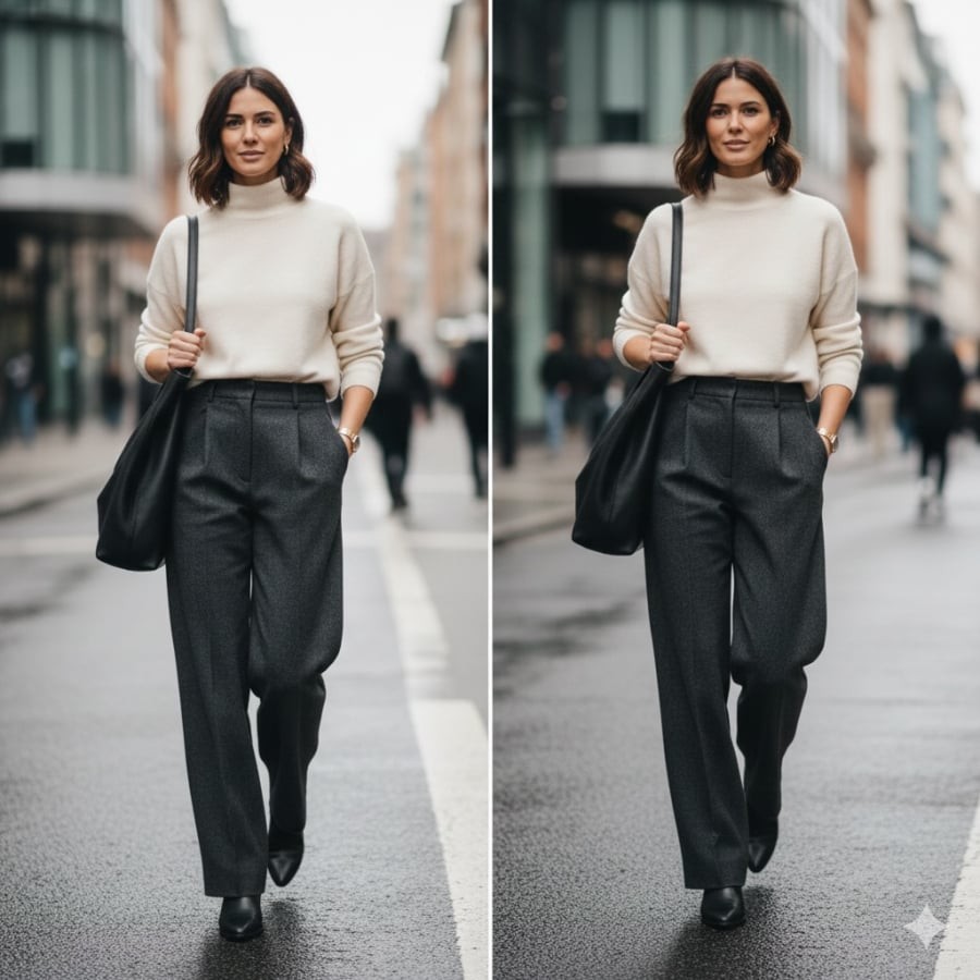 Quần ống rộng vải dày phối áo len giúp outfit mùa đông trông sang và thời thượng hơn.