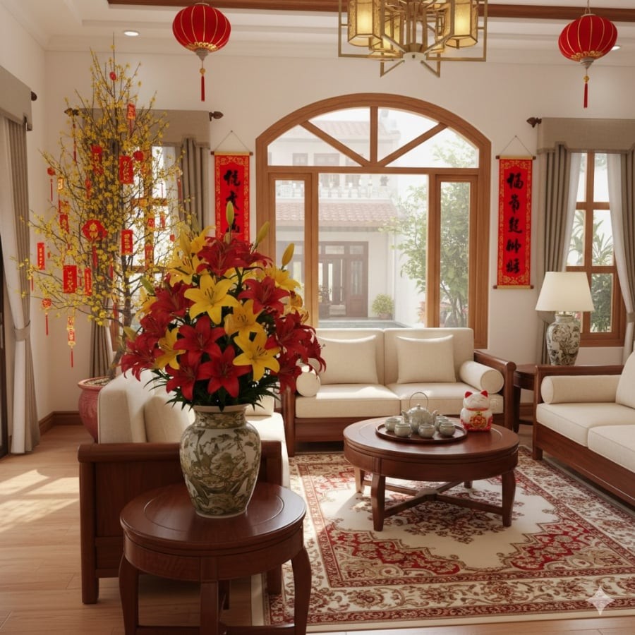 Hoa Ly ngày Tết nếu đặt đúng vị trí sẽ giúp không gian thêm sang trọng và hài hòa phong thủy.