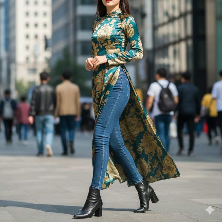 Quần skinny khiến áo dài mất cân đối, làm giảm nét uyển chuyển và thanh lịch.