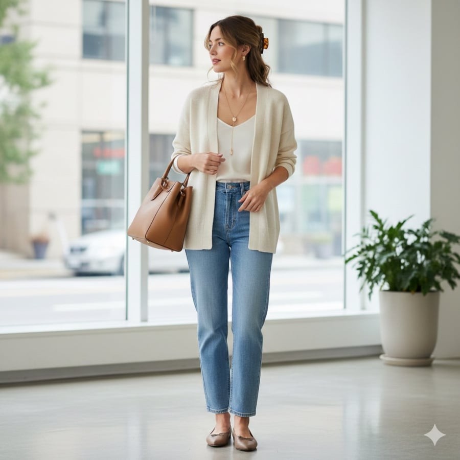 Cardigan trung tính giúp quần jeans trở nên mềm mại và phù hợp hơn với môi trường công sở.