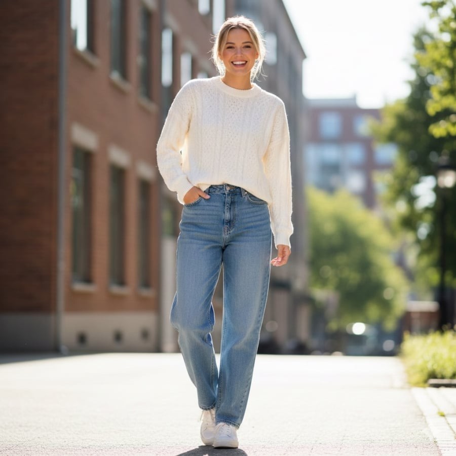 Sự kết hợp giữa len trắng và jeans xanh giúp phong cách công sở trông tươi mới mà không kém phần lịch sự.