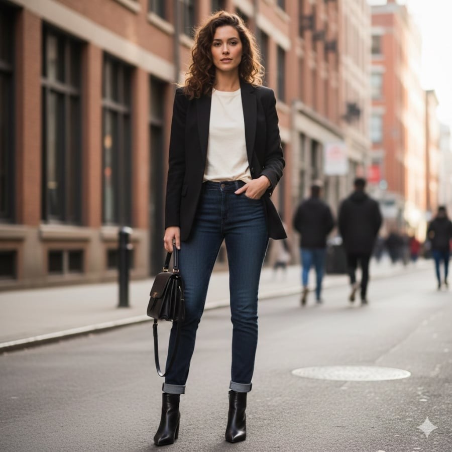 Chỉ cần thêm blazer, quần jeans lập tức mang diện mạo chuyên nghiệp hơn khi đi làm.