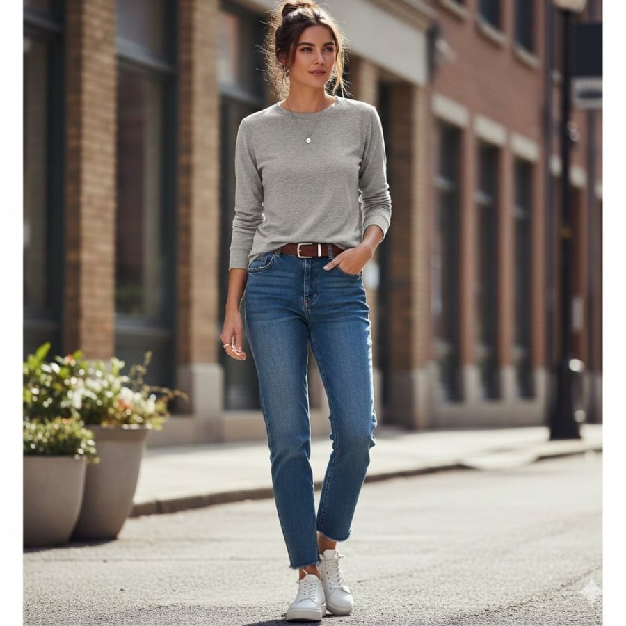 Áo thun dài tay form gọn giúp quần jeans phù hợp với những ngày công sở thoải mái.