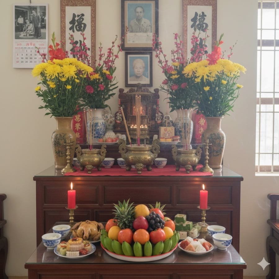 Bàn thờ gia tiên sau khi bao sái cuối năm, thể hiện sự trang nghiêm và lòng thành kính trước thềm năm mới.