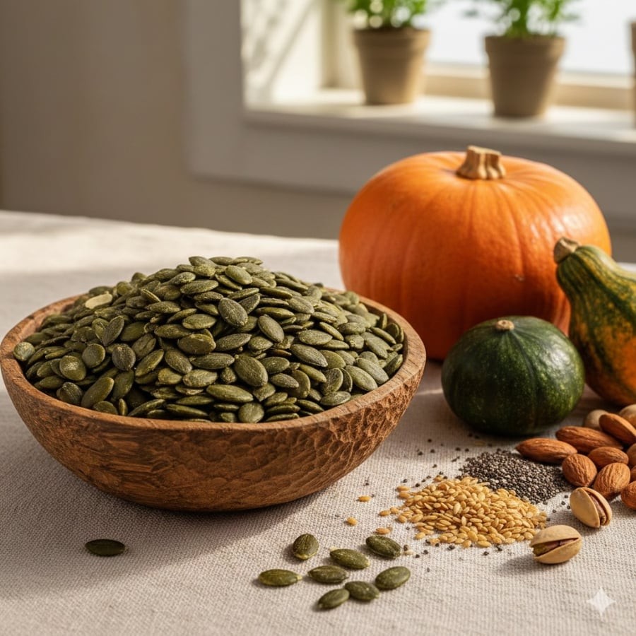 Hạt bí ngô là món ăn vặt quen thuộc, dễ tìm ở chợ Việt và có thể bổ sung vào chế độ ăn lành mạnh mỗi ngày.