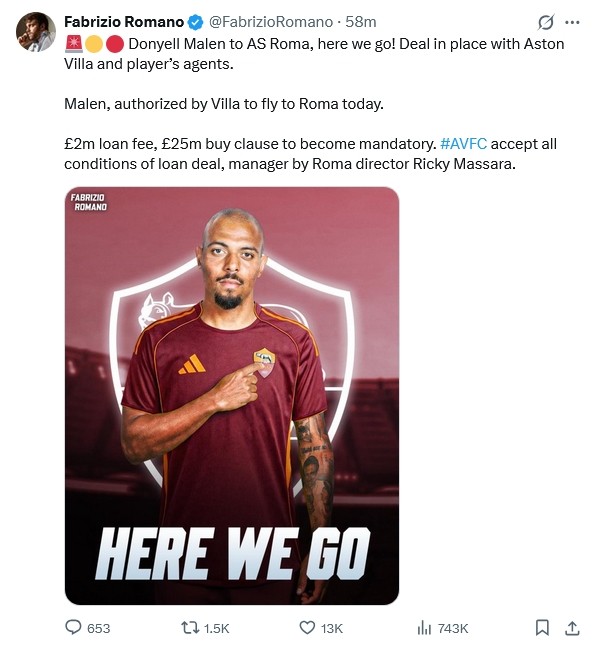 Chuyên gia Fabrizio Romano xác nhận thương vụ Donyell Malen. Ảnh chụp màn hình.