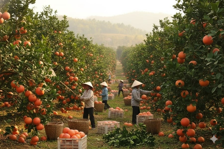 Bưởi đỏ Đông Cao vào vụ Tết, sắc đỏ rực rỡ tượng trưng cho may mắn và sung túc.