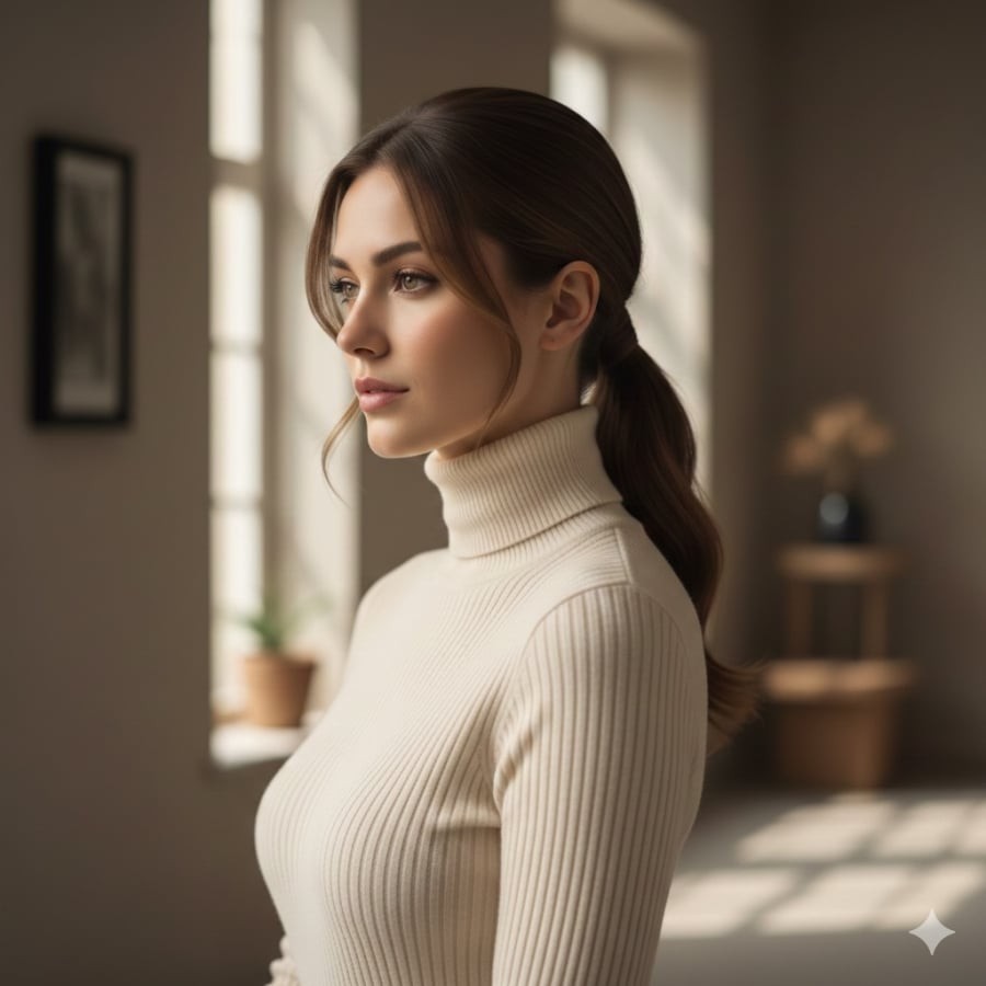 Tóc buộc thấp là lựa chọn an toàn và thanh lịch khi diện áo len cổ cao hoặc áo len dáng dài.