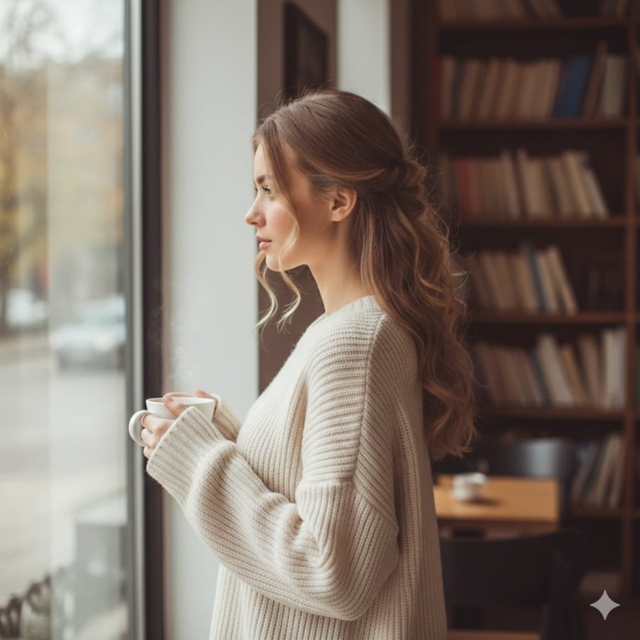 Tóc buộc nửa giúp tổng thể khi mặc áo len trở nên nhẹ nhàng, gọn gàng mà vẫn giữ nét dịu dàng.