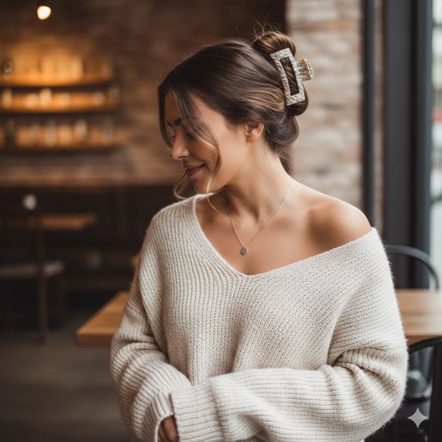 Tóc kẹp càng cua mang đến vẻ phóng khoáng, tiện lợi và rất hợp với áo len dáng rộng.