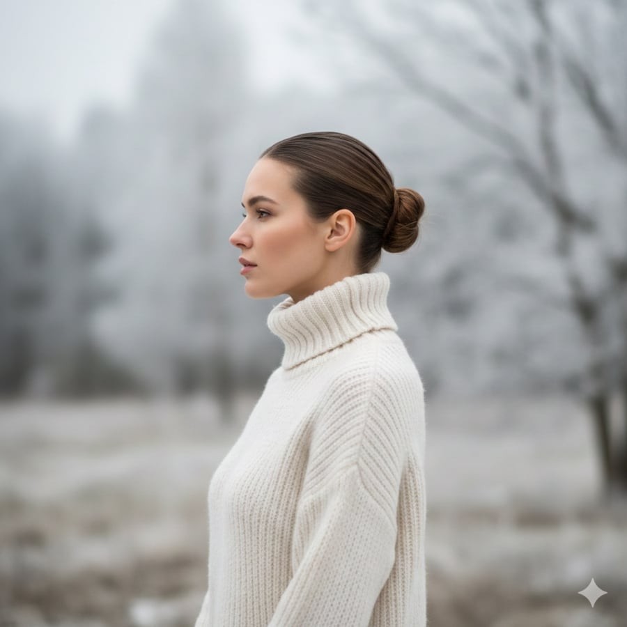 Tóc búi giúp cân bằng tổng thể, đặc biệt phù hợp khi mặc áo len cổ cao hoặc áo len dáng dày.