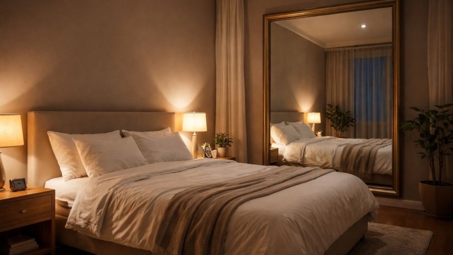 Đặt gương đối diện giường ngủ dễ gây bất lợi, gương càng lớn càng nên tránh