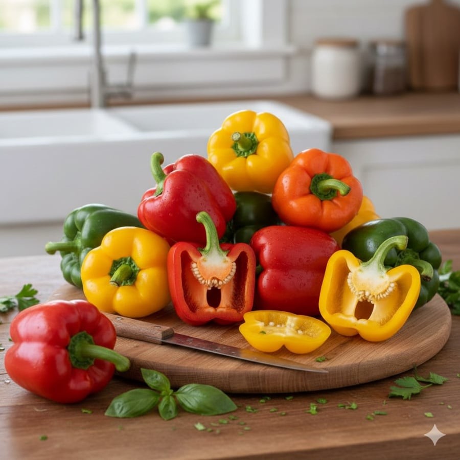 Ớt chuông đỏ, vàng, xanh chứa nhiều carotenoid và vitamin C – những hợp chất giúp bảo vệ tế bào khỏi stress oxy hóa, hỗ trợ tăng cường miễn dịch mỗi ngày.
