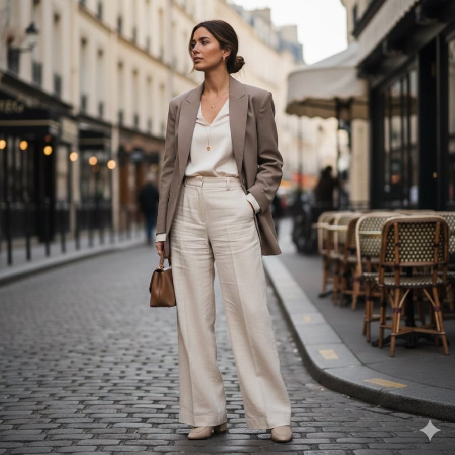 Quần ống rộng và blazer là combo kinh điển trong phong cách Pháp, đơn giản mà sang.