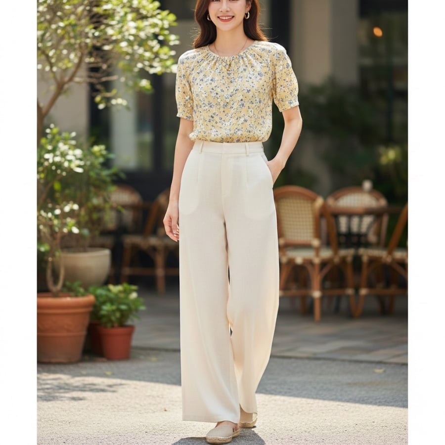 Áo họa tiết nhỏ giúp quần ống rộng bớt đơn điệu mà vẫn giữ vẻ tinh tế.