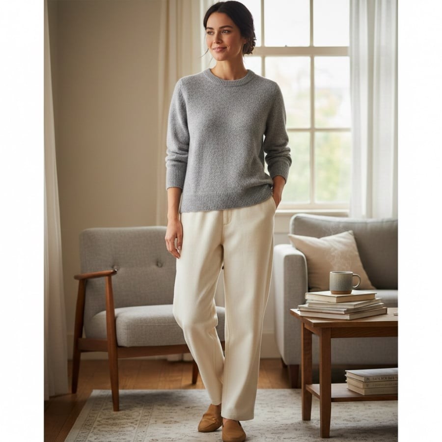 Phụ nữ Pháp chuộng áo len trơn khi mặc quần ống rộng vào ngày se lạnh.