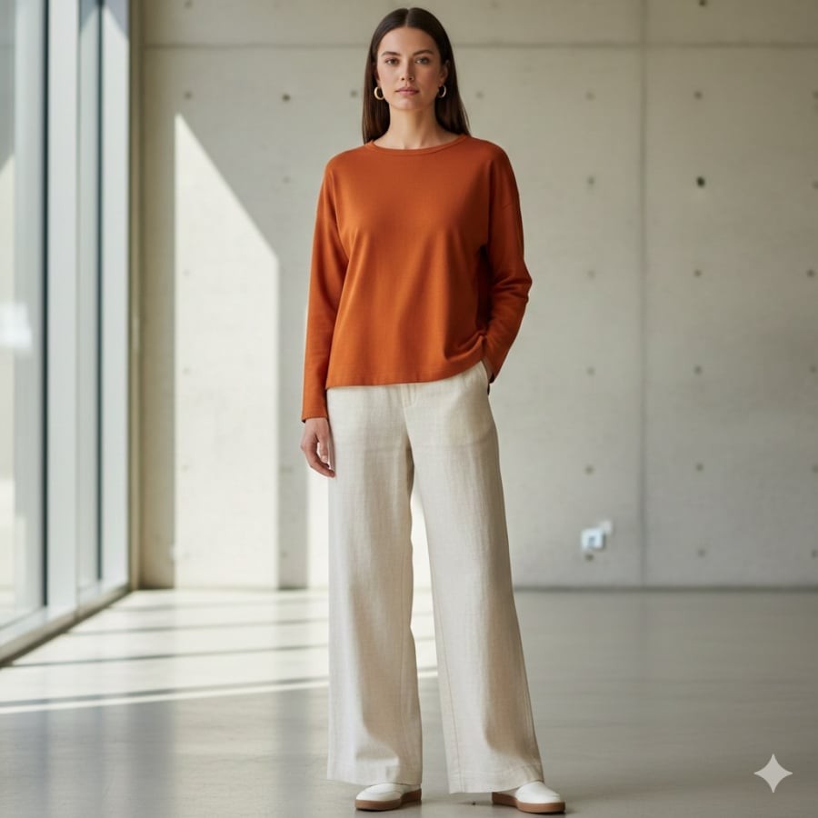 Chỉ một điểm nhấn màu sắc cũng đủ giúp set quần ống rộng thêm cuốn hút.