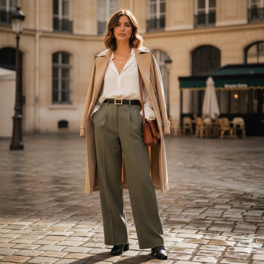 Sơ mi và quần ống rộng mang đến vẻ ngoài chỉn chu nhưng không gò bó.