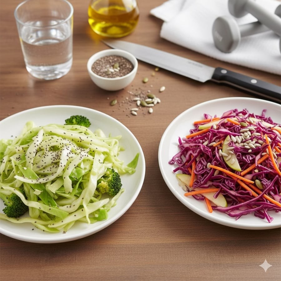 Bắp cải tím và xanh cung cấp nhiều vi chất, hỗ trợ tiêu hóa và kiểm soát cân nặng.
