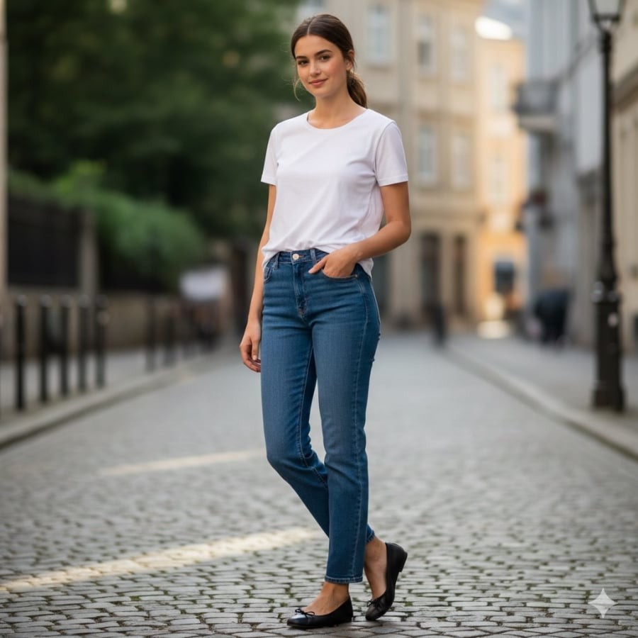 Giày búp bê giúp quần jeans trông mềm mại và thanh lịch hơn trong những set đồ hằng ngày.