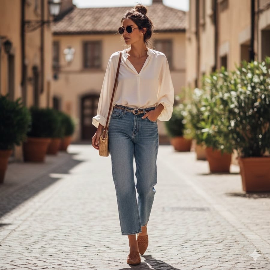 Giày mule mang đến nét hiện đại, giúp set đồ quần jeans trông sang xịn mịn hơn.