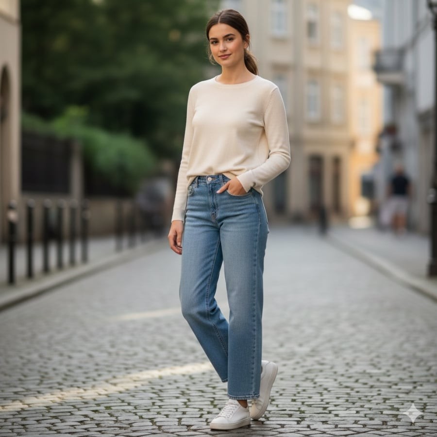 Sneaker trắng là kiểu giày bệt dễ phối nhất với quần jeans, phù hợp nhiều hoàn cảnh.
