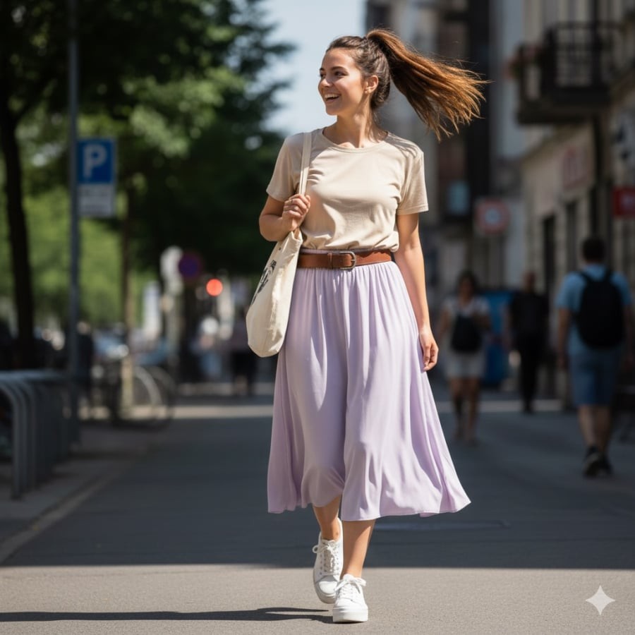 Chân váy màu sắc giúp outfit bớt đơn điệu, tạo điểm nhấn rõ rệt so với chân váy đen.