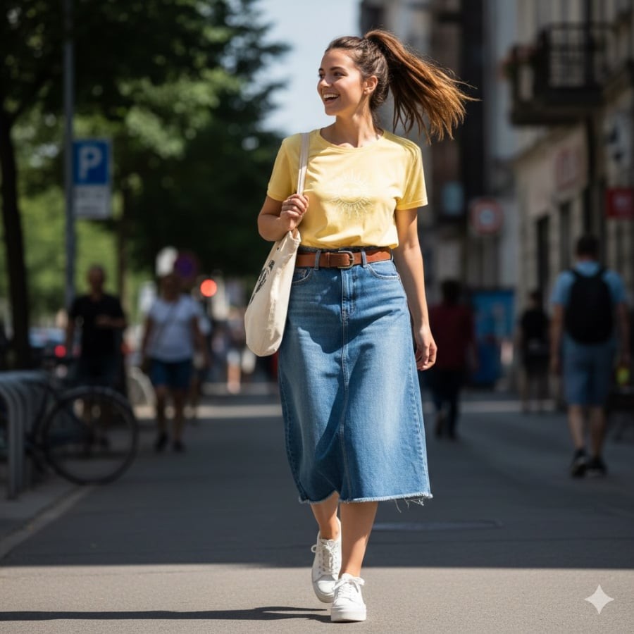 Chân váy denim mang lại cảm giác trẻ trung, dễ ứng dụng trong nhiều hoàn cảnh.