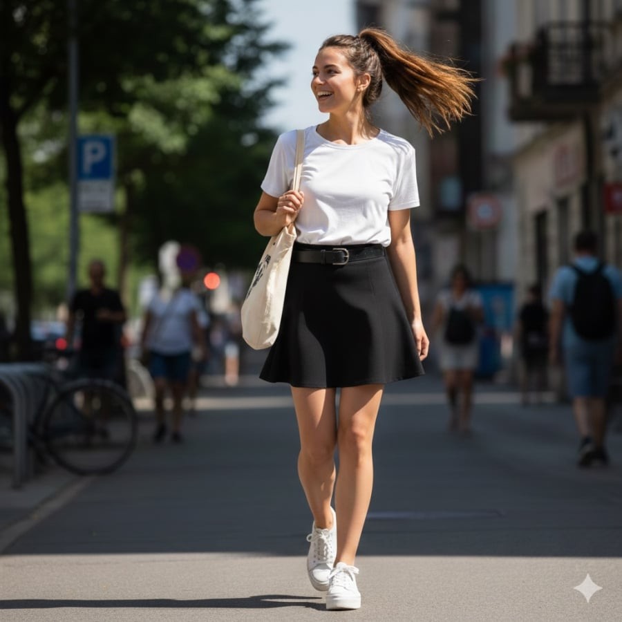 Chân váy ngắn là lựa chọn giúp vóc dáng trông cao ráo và trẻ trung hơn.