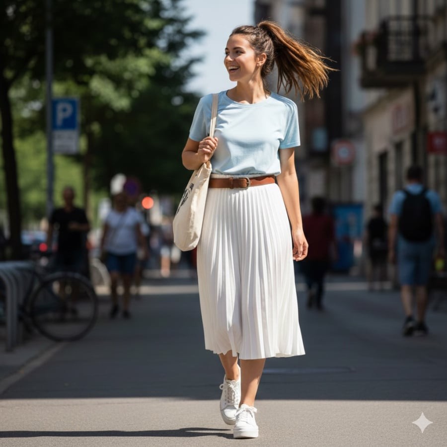 Chân váy trắng mang lại vẻ ngoài tươi sáng, tinh tế, dễ thay thế chân váy đen.