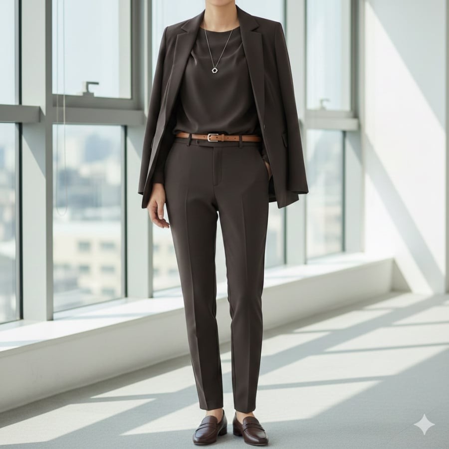 Trang phục nâu tối giản mang lại vẻ ngoài chỉn chu, tinh tế mà không cứng nhắc.