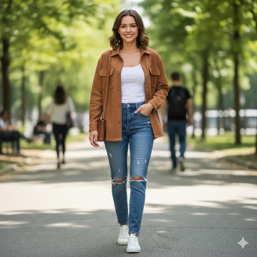 Nâu và denim là bộ đôi giúp trang phục vừa ấm áp vừa trẻ trung, không lo lỗi mốt.