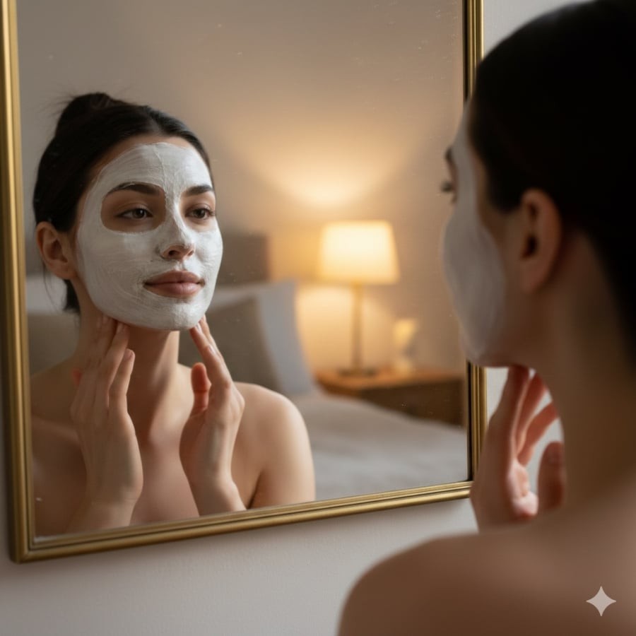 Đắp mặt nạ cấp ẩm kết hợp massage ngắn mỗi ngày giúp da đủ nước, giữ form gương mặt và tạo hiệu ứng căng bóng khi lên hình.