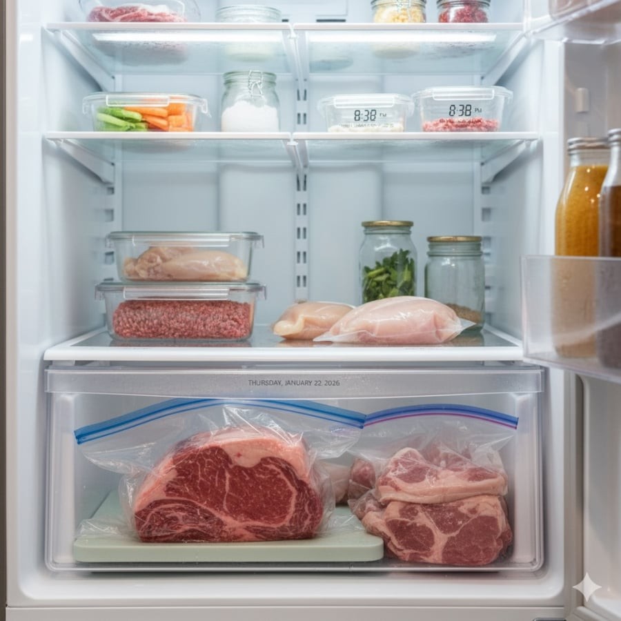 Bảo quản thịt sống đúng cách giúp hạn chế vi khuẩn và giữ an toàn cho thực phẩm khác trong tủ lạnh.