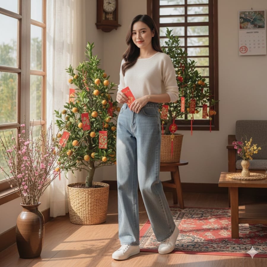 Quần jeans suông là lựa chọn dễ mặc dịp Tết, giúp vóc dáng gọn gàng mà vẫn trẻ trung.