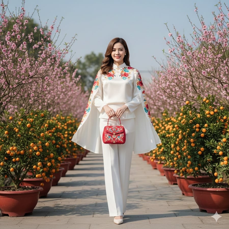 Quần trắng mang lại cảm giác tươi mới, rất hợp không khí Tết Nguyên đán.