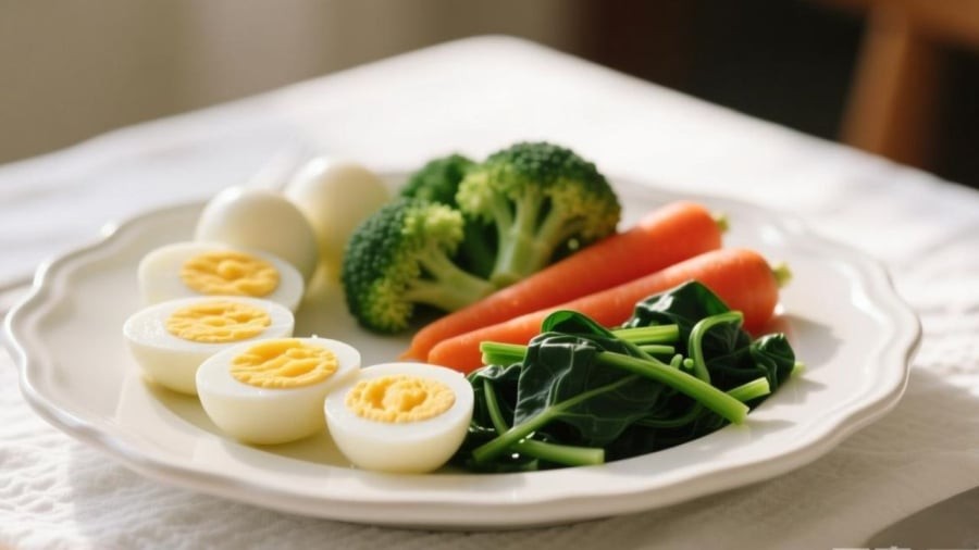 Bữa sáng, bạn có thể ăn trứng kết hợp với các thực phẩm khác như rau xanh để tạo cảm giác no lâu.