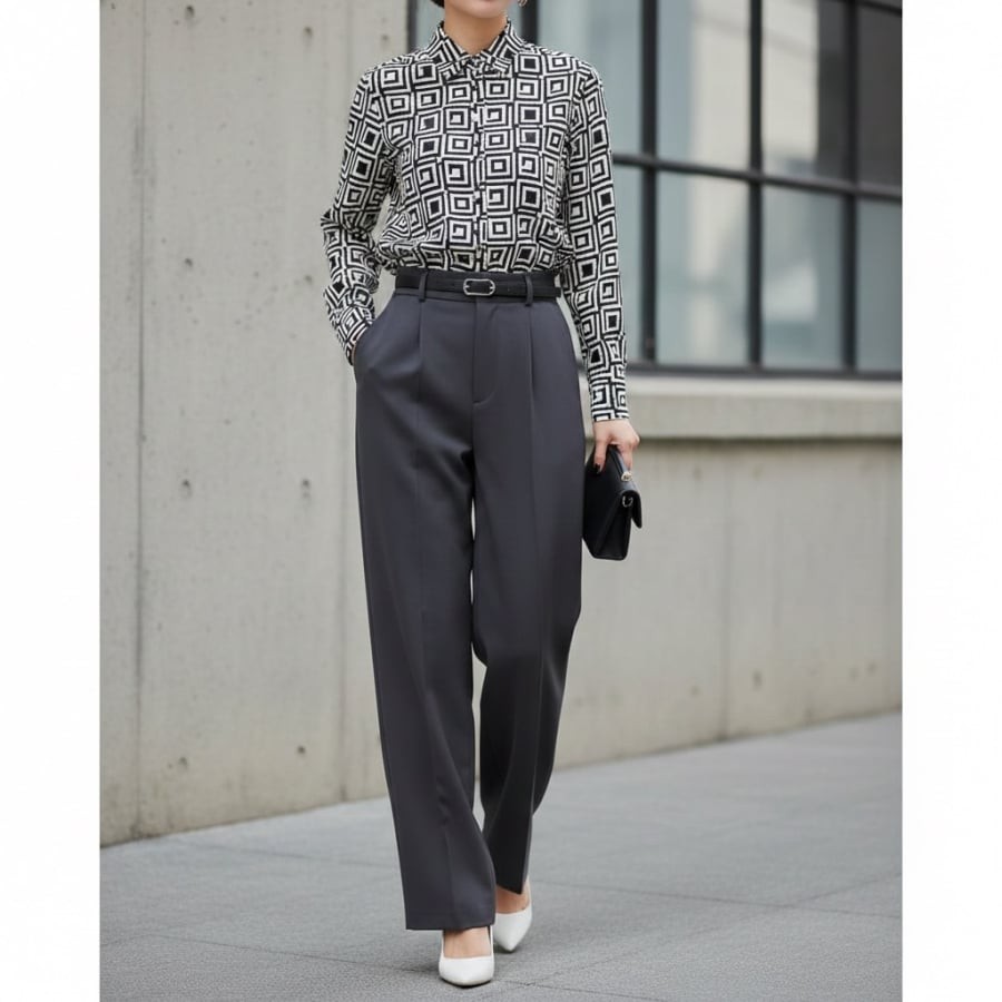 Phối áo họa tiết đen – trắng cùng item trơn giúp outfit nổi bật mà vẫn giữ sự thanh lịch.