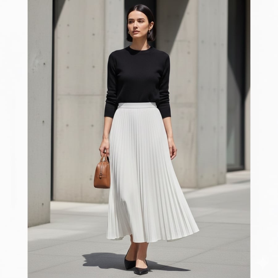 Áo len đen kết hợp chân váy dài là lựa chọn an toàn nhưng luôn hiệu quả khi diện đen – trắng.