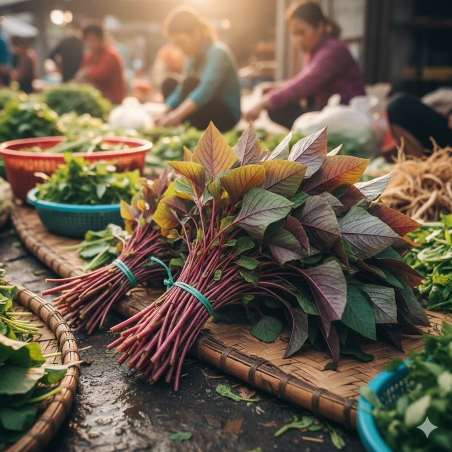 Rau dền đỏ – loại rau dân dã bán quanh năm ở chợ Việt, nổi bật với hàm lượng sắt cao.