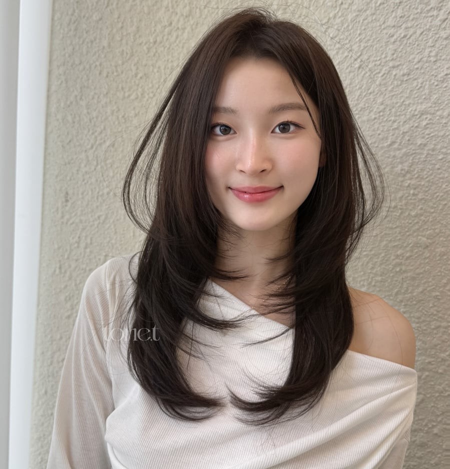 Phần tóc rơi nhiều về một bên tạo hiệu ứng che phủ tự nhiên, giúp giảm cảm giác tròn hoặc vuông ở vùng má và hàm.