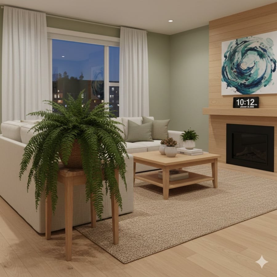 Tán lá mềm mại của dương xỉ Boston giúp không gian sống trở nên dịu mắt, thoáng đãng và dễ chịu hơn.