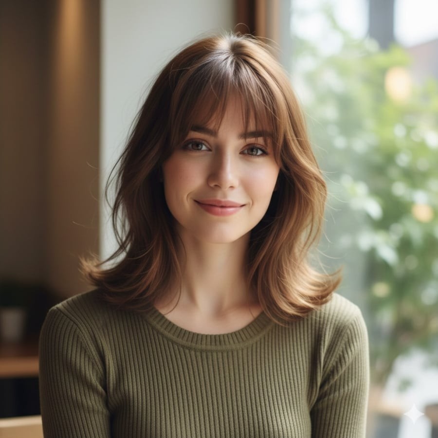 Mái thưa đi cùng tóc ngang vai tạo hiệu ứng trẻ trung, nhẹ nhàng, phù hợp nhiều dáng mặt.