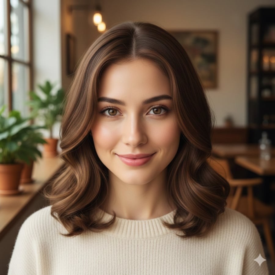 Tóc ngang vai đuôi cụp giúp gương mặt trông thanh thoát, phù hợp chị em yêu thích vẻ ngoài chỉn chu, dễ chăm sóc.