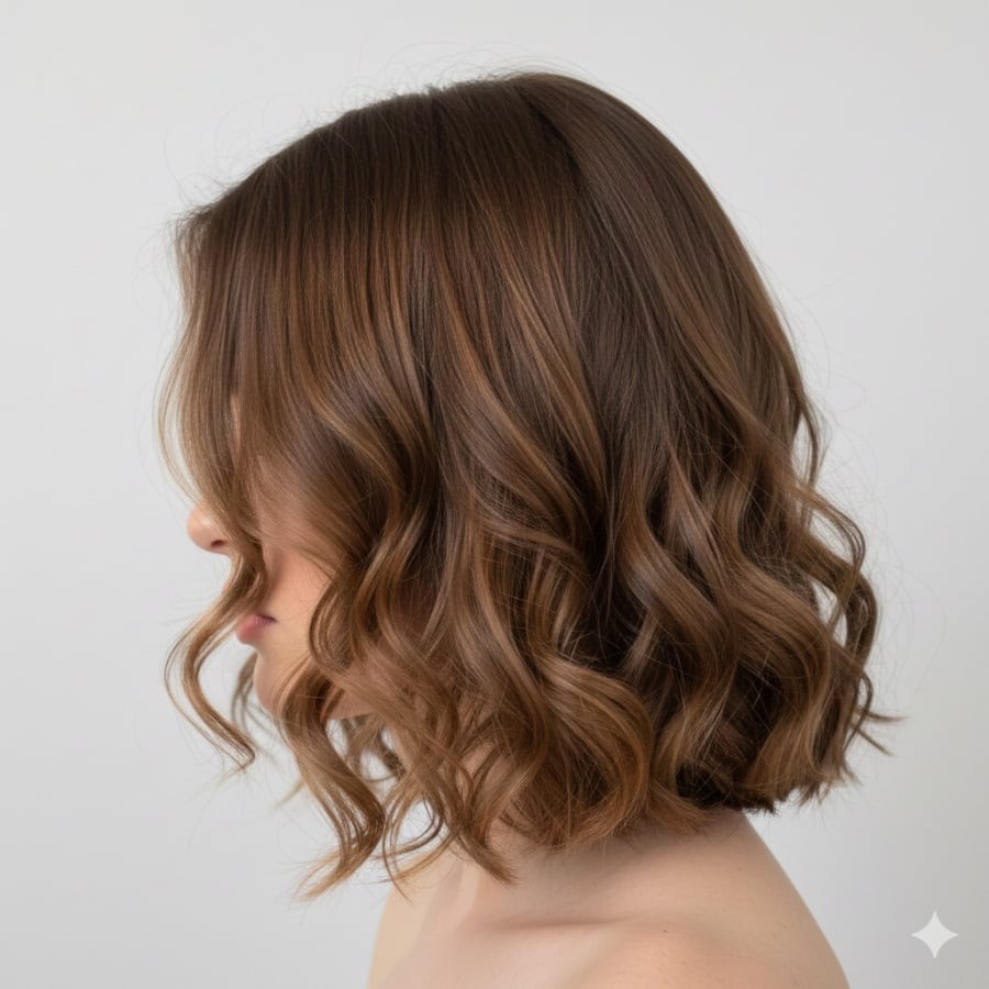 Tóc ngang vai uốn xoăn giúp mái tóc trông dày dặn, gương mặt tươi tắn và có sức sống hơn.