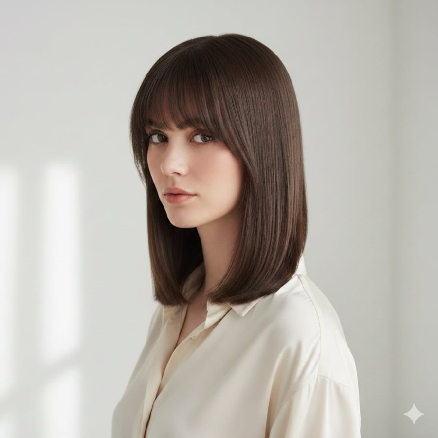 Tóc ngang vai suôn thẳng mang lại vẻ ngoài tối giản, hiện đại, dễ ứng dụng trong nhiều hoàn cảnh.