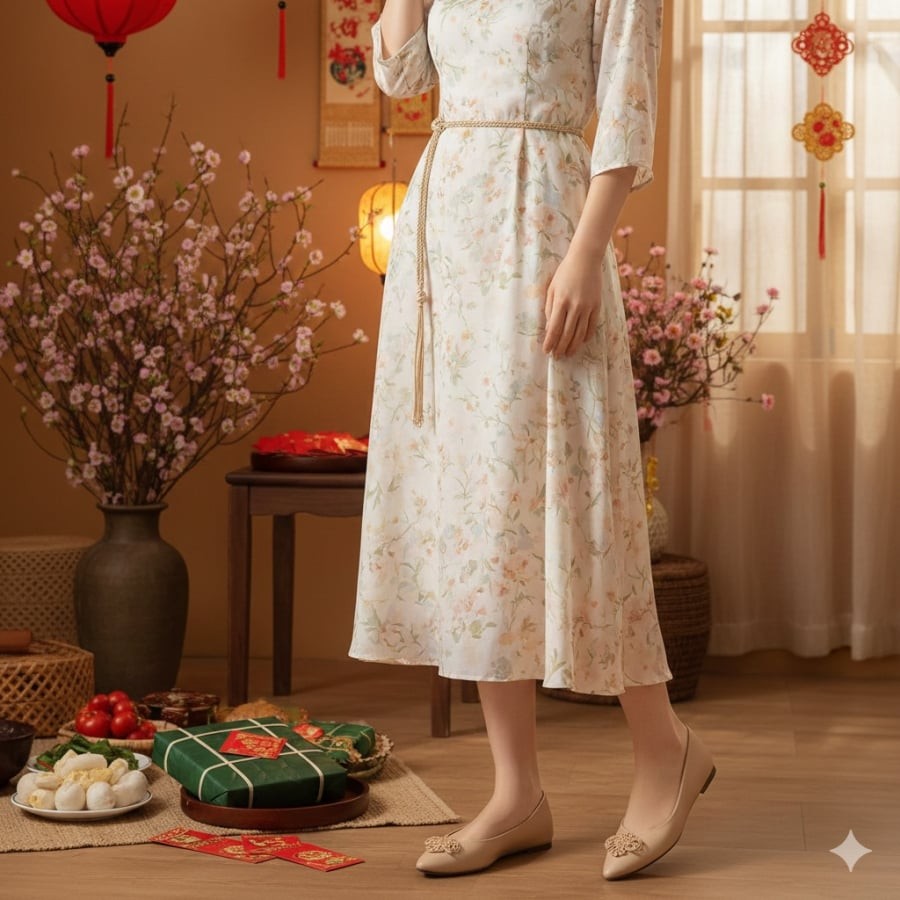 Giày bệt thanh lịch giúp set đồ Tết trông gọn gàng, nữ tính mà vẫn thoải mái khi di chuyển.