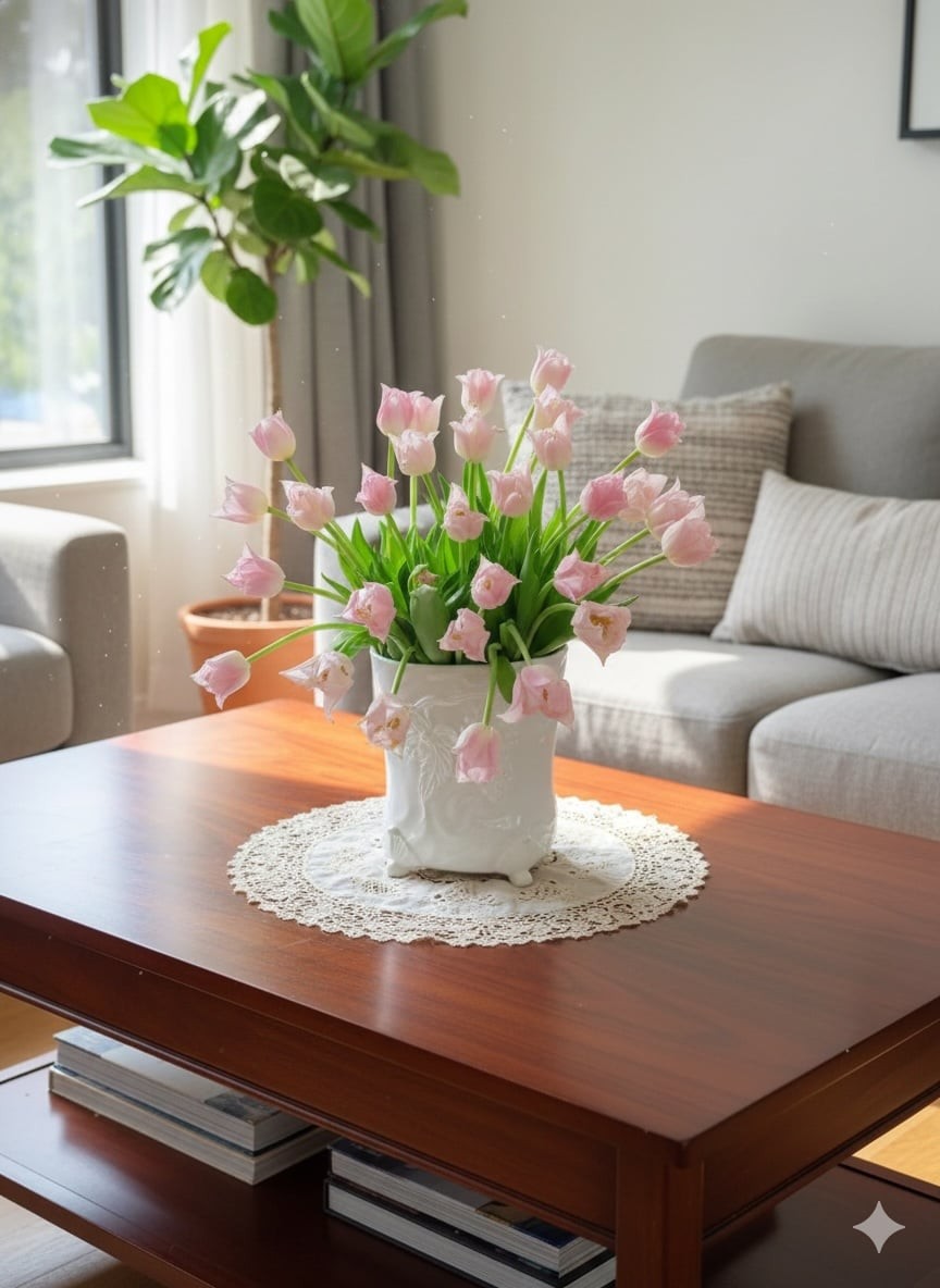 Tulip Bella nổi bật với khả năng đổi màu tự nhiên, càng nở càng lên sắc hồng phấn, mang lại cảm giác tươi mới cho không gian ngày Tết.