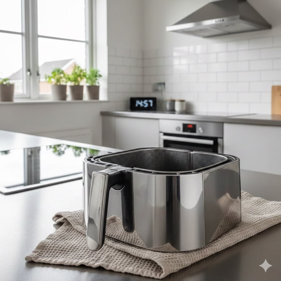 Nồi chiên không dầu sạch bong, không còn mùi dầu cũ, lớp chống dính vẫn nguyên vẹn sau khi vệ sinh nhẹ tay.