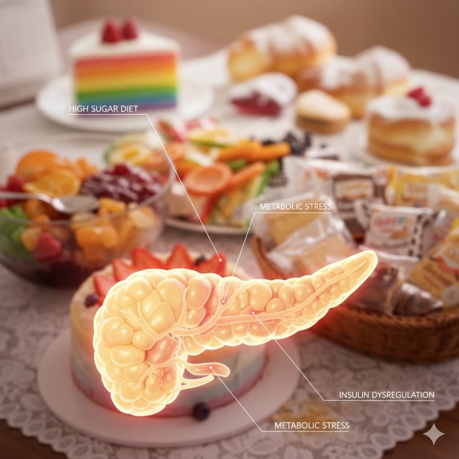 Ăn nhiều bánh ngọt khiến tuyến tụy phải hoạt động liên tục để điều hòa đường huyết.